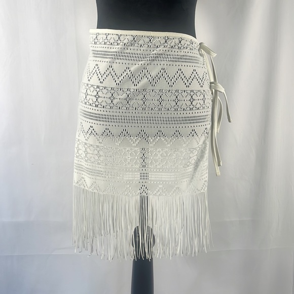 White fringe, crochet, bathing suit cover, 2 side ties, mesh design,Small - Picture 8 of 8